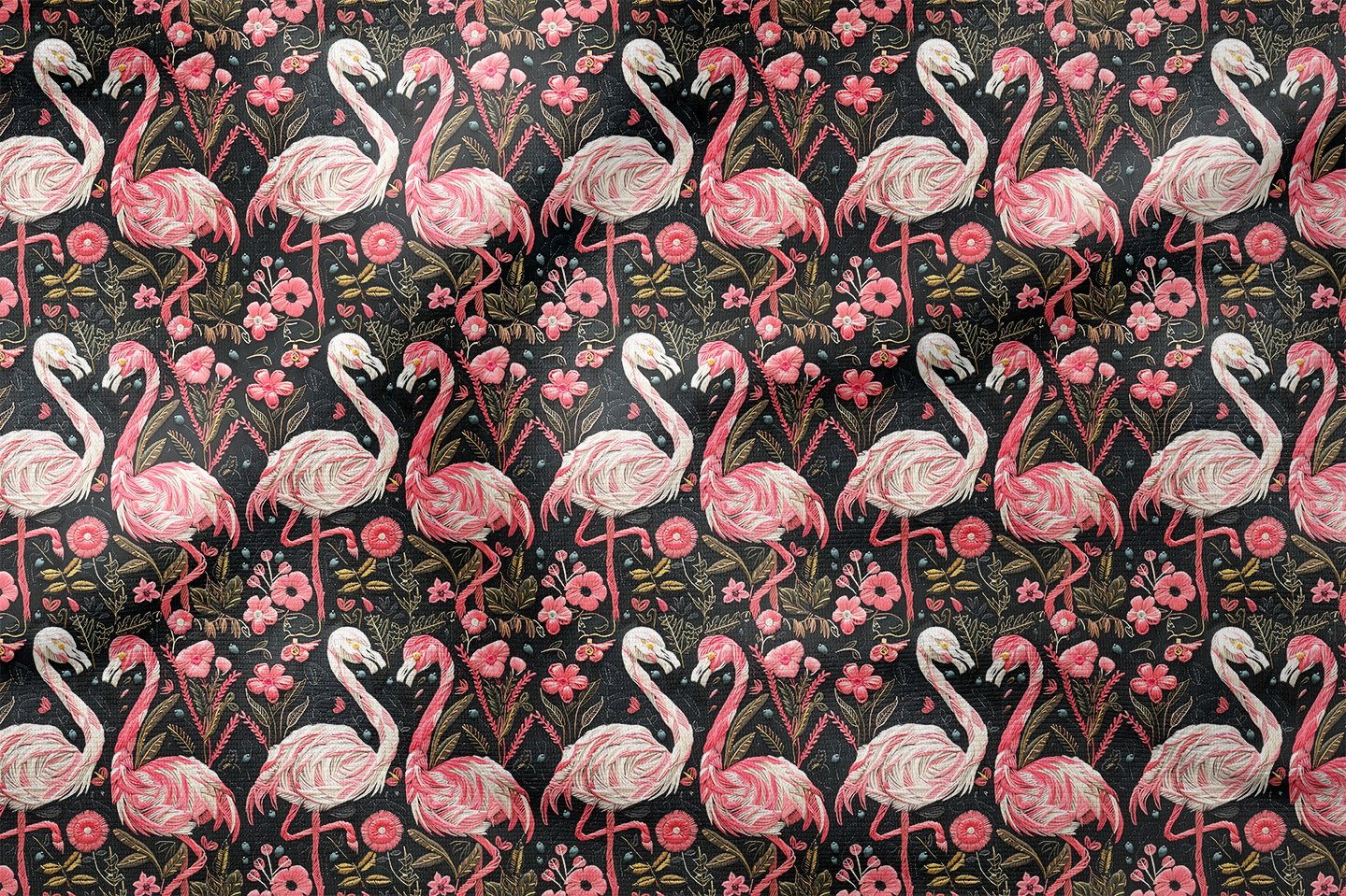 İğne Oyalı Flamingo Desenli Dijital Baskı Kumaş