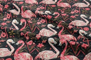 İğne Oyalı Flamingo Desenli Dijital Baskı Kumaş