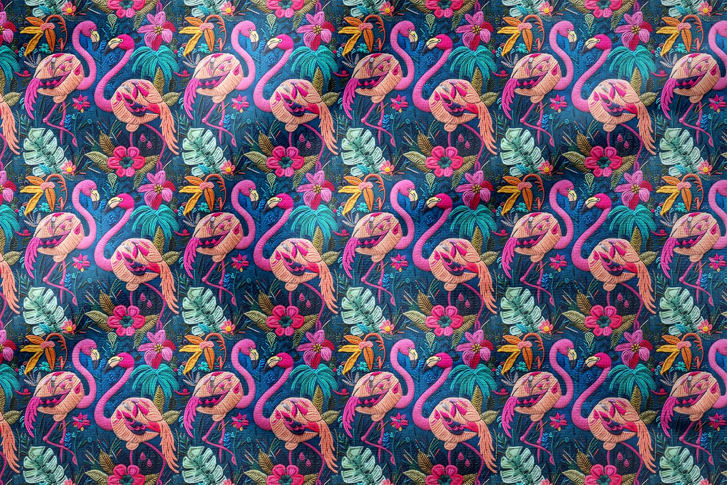 El Örgüsü Flamingo Desenli Dijital Baskı Kumaş