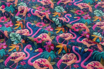 El Örgüsü Flamingo Desenli Dijital Baskı Kumaş