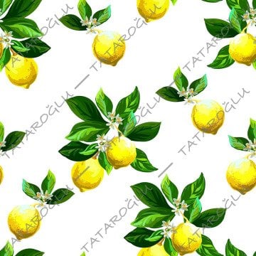 Limon Serisi-Beyaz Zemin Üzerine Yeşil Yapraklı Limon Kumaş