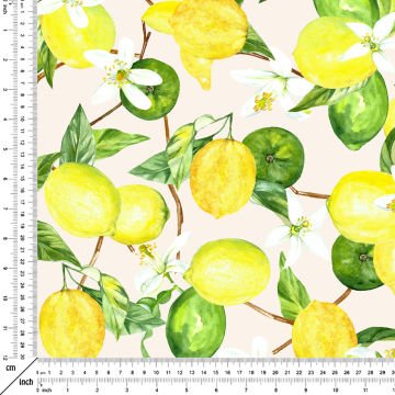 Limon Serisi-Soft Zemin Üzerine Ağaçta Limon Desenli Kumaş