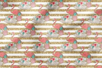 Altın Yaldız Şeritli Çiçekli Flamingo Desenli Dijital Baskı Kumaş