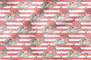 Pembe Yaldız Şeritli Çiçekli Flamingo Desenli Dijital Baskı Kumaş