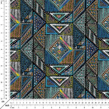 Siyah Zemin Üzerine Mavi Tonlarda Geometrik Desenli Dijital Baskılı Kumaş