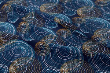 Lacivert Zemin Üzerine Beyaz Sarı Mavi Yuvarlak Geometrik Desenli Baskılı Kumaş