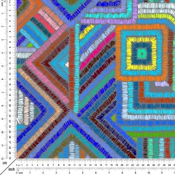 Gri Zemin Üzerine Mavi Tonlarda Renkli Çizgili Geometrik Desenli Dijital Baskılı Kumaş