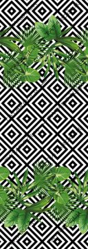 50 cm'lik Runner Siyah Beyaz Kareli Zemin Üzerine Yeşil Yapraklı Dijital Baskılı Kumaş