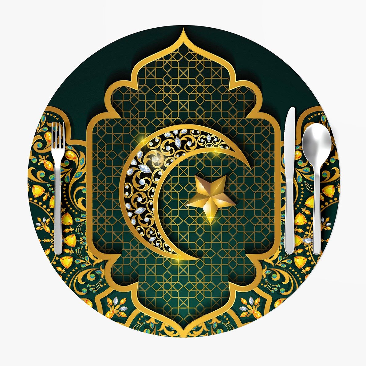 Ramazan Koleksiyonu-Yeşil Ay Yıldız Servis Suplası 3'lü Set Kumaşı