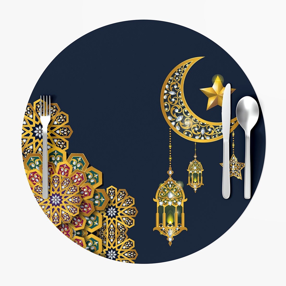 Ramazan Koleksiyonu- Lacivert Zeminli Ay Yıldız Servis Suplası 3'lü Set Kumaşı