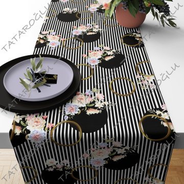 50 cm'lik Runner Siyah Beyaz Çizgili Yuvarlak Çiçekli Dijital Baskılı Kumaş