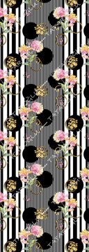 50 cm'lik Runner Siyah Beyaz Çizgili Zemin Üzerine Karanfil Çiçekleri Desenli Kumaş