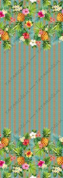 50 cm'lik Runner Mavi Çizgili Jüt Görünümlü Zemin Üzerine Ananas Desenli Dijital Baskılı Kumaş
