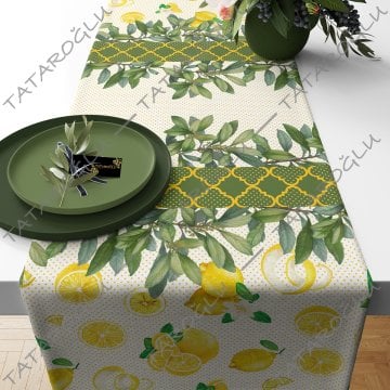 50 cm'lik Runner Limonlu Yapraklı Desenli Dijital Baskılı Kumaş