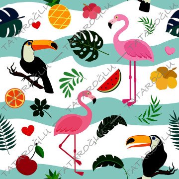 Tropikal Serisi-Nil Yeşili Çizgili Zemin Üzerine Flamingo Dijital Baskılı Kumaş