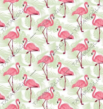 Tropikal Serisi-Soft Yapraklı Zemin Üzerine Flamingo Dijital Baskılı Kumaş