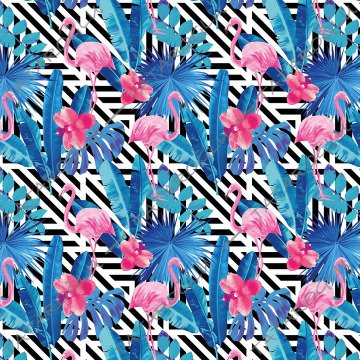 Tropikal Serisi-Çizgili Zemin Üzerine Mavi Yapraklı Flamingo Dijital Baskılı Kumaş