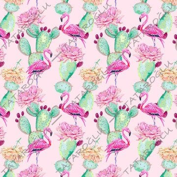 Tropikal Serisi-Pembe Zemin Üzerine Flamingo Desenli Dijital Baskılı Kumaş