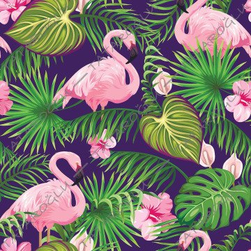 Tropikal Serisi-Mor Zemin Üzerine Pembe Flamingolar Dijital Baskılı Kumaş