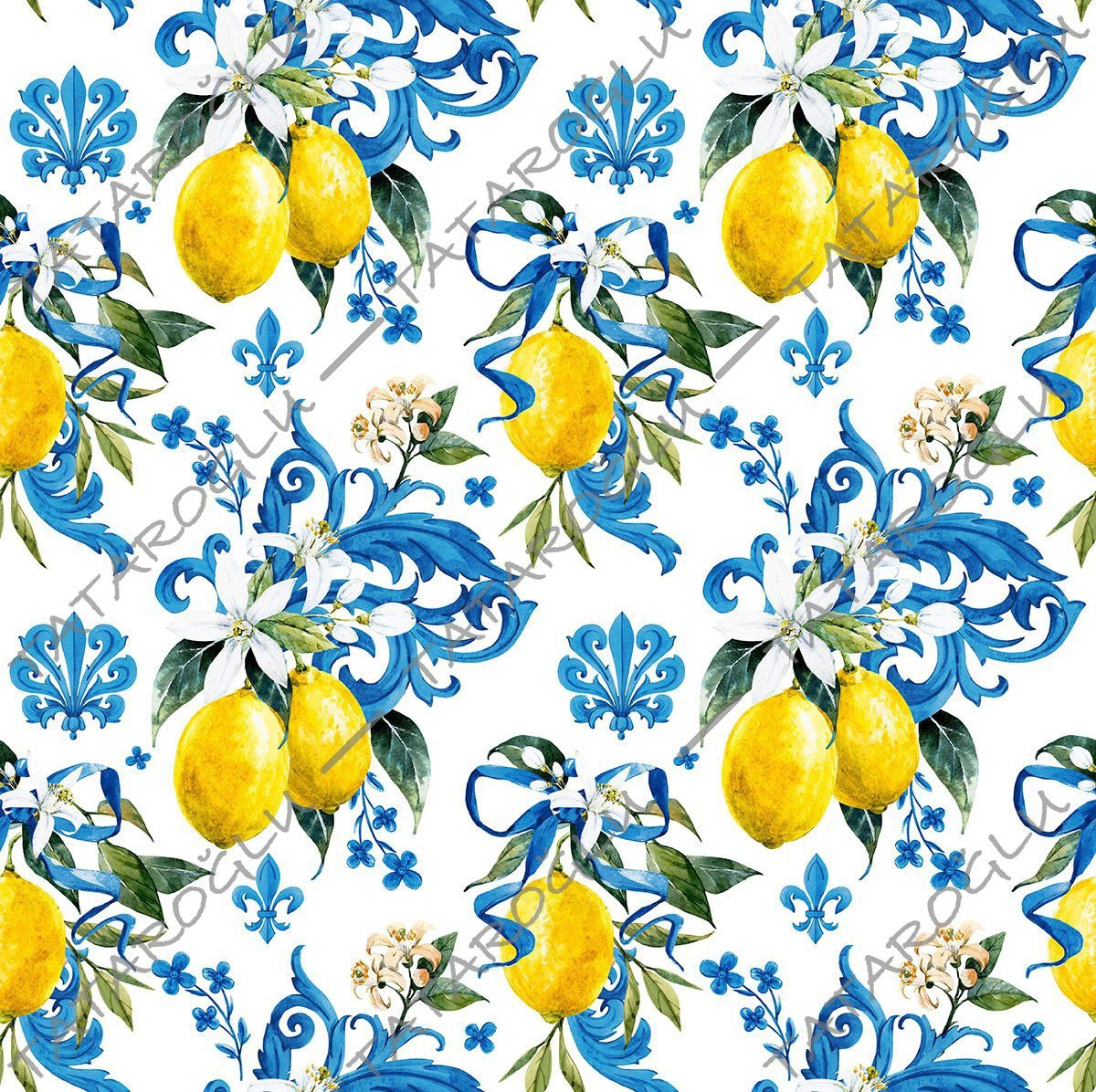 Limon Serisi-Mavi Kurdelalı Limon Desen Dijital Baskılı Kumaş