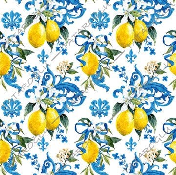 Limon Serisi-Mavi Kurdelalı Limon Desen Dijital Baskılı Kumaş