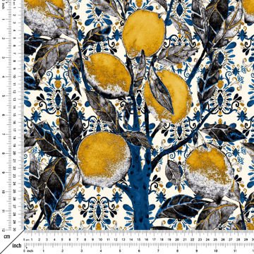 Limon Serisi-Etnik Zemin Üzerine Limon Ağacı Desenli Dijital Baskılı Kumaş