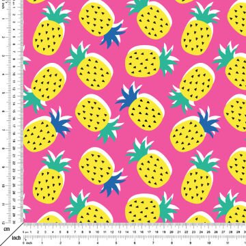 Pembe Zemin Üzerine Kalpli Ananas Dijital Baskılı Kumaş