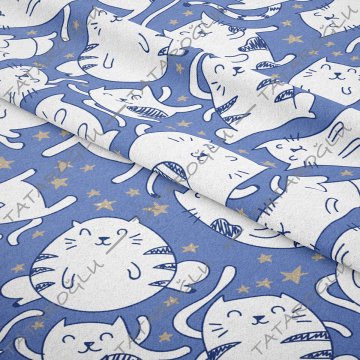 Mavi Zeminli Yıldızlı Kedi Desenli Kumaş