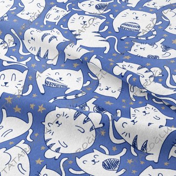 Mavi Zeminli Yıldızlı Kedi Desenli Kumaş