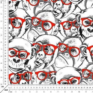 Kırmızı Gözlüklü Sevimli Maymun Desenli Kumaş