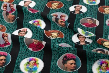 Siyah Zeminli Dantelli Frida Kahlo Desenli Kumaş