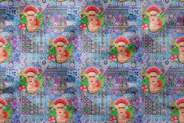 Çini Zeminli Frida Kahlo Desenli Dijital Baskılı Kumaş
