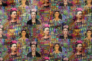 Renkli Geometrik Zeminli Frida Kahlo Desenli Kumaş