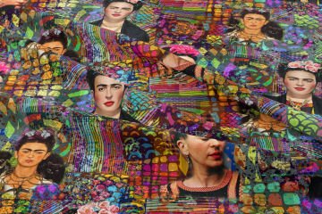 Renkli Geometrik Zeminli Frida Kahlo Desenli Kumaş
