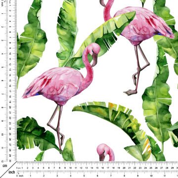 Tropikal Serisi-Beyaz Zemin Üzerine Yeşil Yapraklı Flamingo Dijital Baskı Kumaş