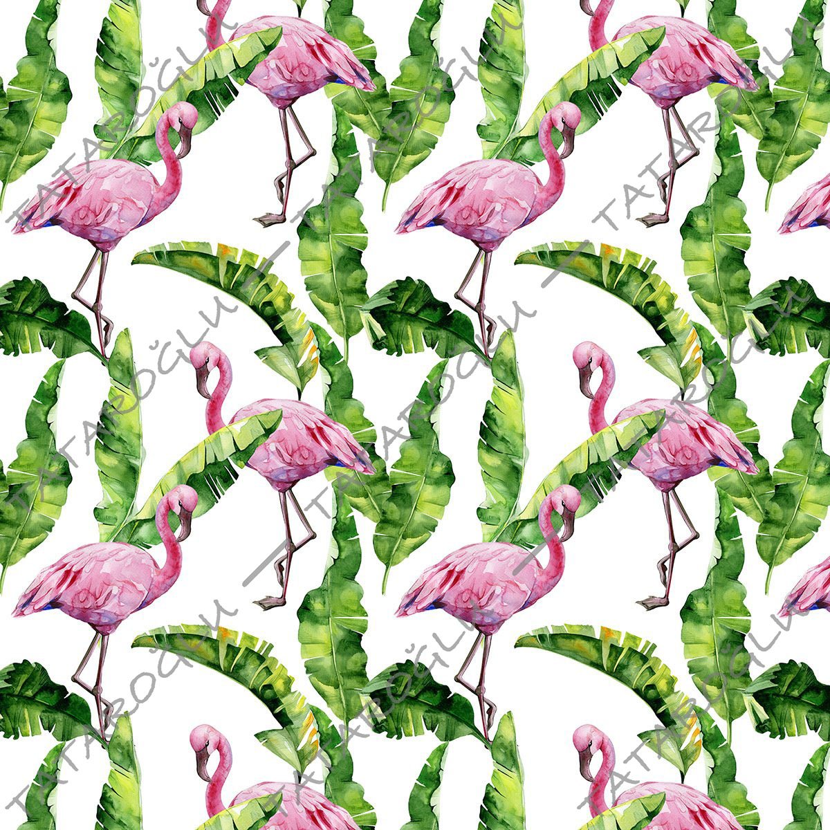 Tropikal Serisi-Beyaz Zemin Üzerine Yeşil Yapraklı Flamingo Dijital Baskı Kumaş