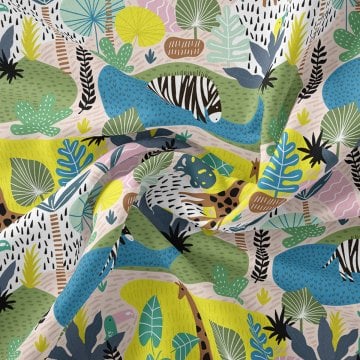 Renkli Orman Hayvanları Desenli Dijital Baskılı Kumaş