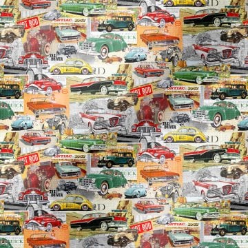 Vintage Renkli Eski Araba Desenli Kumaş