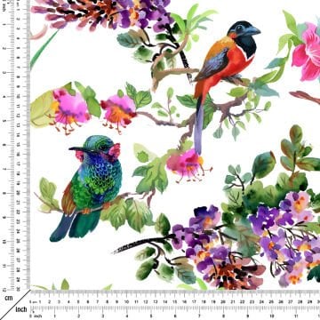Rengarenk Çiçekli Dallar Üzerinde Kuş Desenli Kumaş
