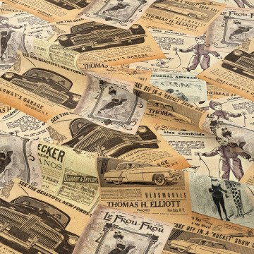 Eski Gazete Güpürleri ve Vintage Araçlar Patchwork Desenli Kumaş