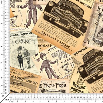 Eski Gazete Güpürleri ve Vintage Araçlar Patchwork Desenli Kumaş