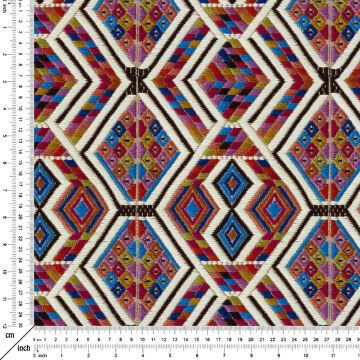 Dokuma Kilim Efektli Kırmızı Mavi Geometrik Etnik Tasarım Kumaş