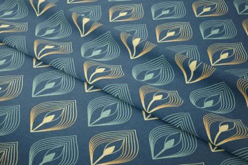 Koyu Mavi Zeminli Art Deco Stili Geometrik Desenli Kumaş