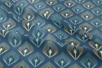 Koyu Mavi Zeminli Art Deco Stili Geometrik Desenli Kumaş