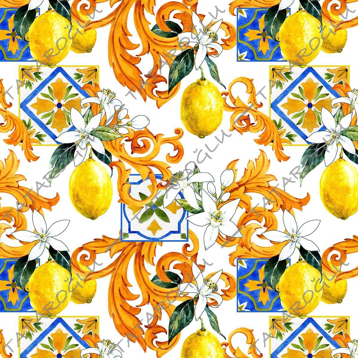 Limon Serisi-Limonlu Versaceli Çinili Dijital Baskılı Kumaş