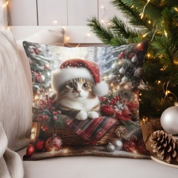 Yılbaşı Koleksiyonu- Christmas Cat Yılbaşı Kostümlü Kediler 2'li Kumaş Kırlent Paneli Dikilmemiş