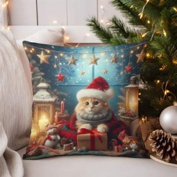 Yılbaşı Koleksiyonu- Christmas Cat Yılbaşı Kostümlü Kediler 2'li Kumaş Kırlent Paneli Dikilmemiş