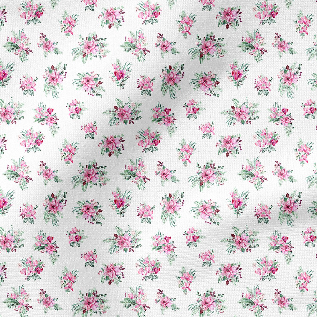Beyaz Zeminli Pembe Çıtır Çiçek Desenli Kumaş
