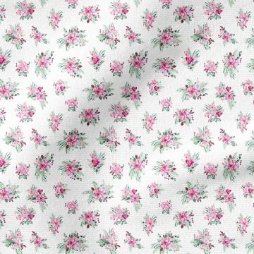 Beyaz Zeminli Pembe Çıtır Çiçek Desenli Kumaş