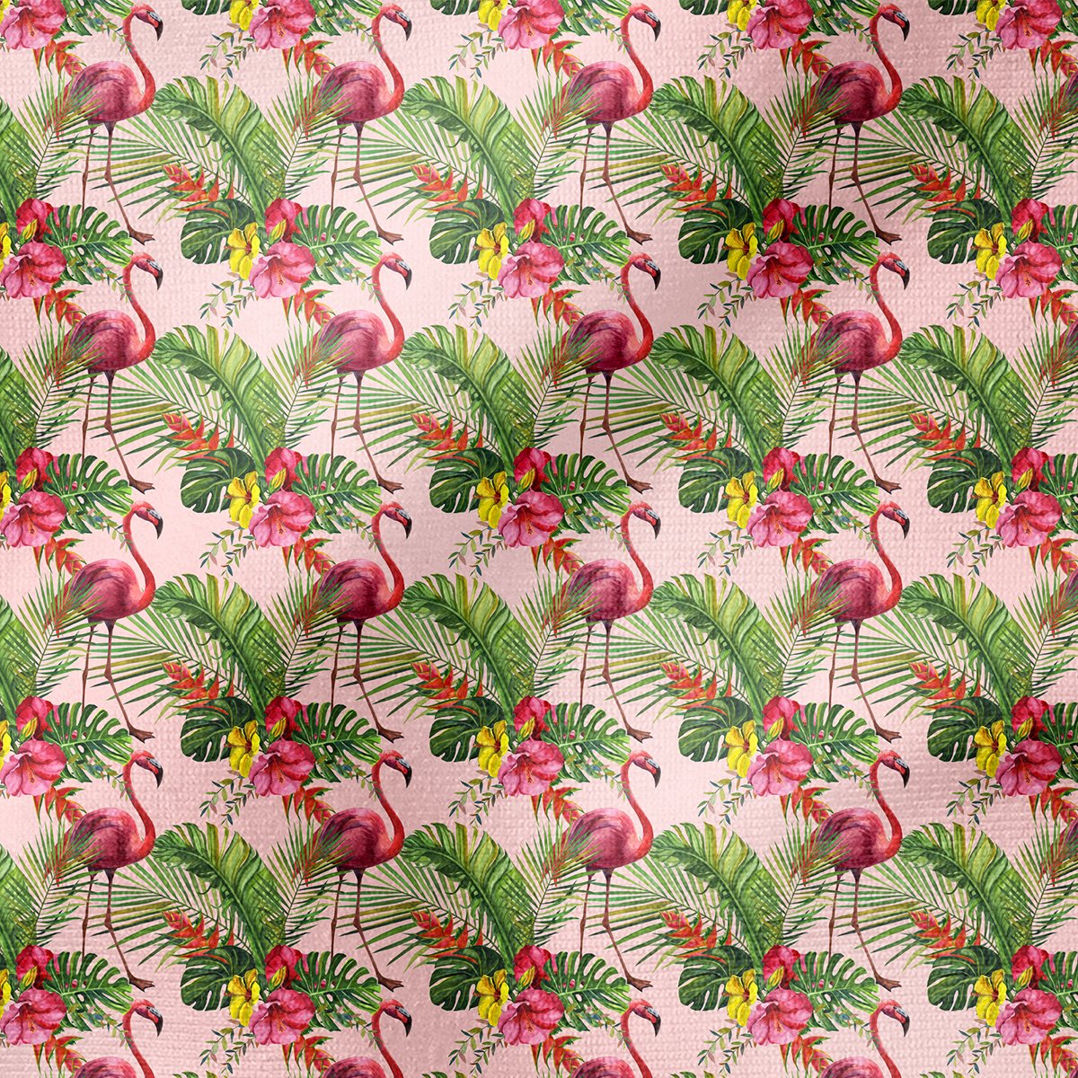 Tropikal Serisi-Devetabanı Yaprakları Arasında Pembe Flamingo Desenli Kumaş